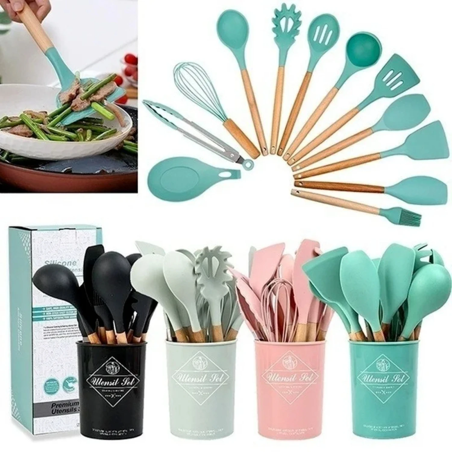 11pcs Wooden Handle Silicon Utensil Kitchenware Cookware Spatula Soup Spoon Brush Ladle Pasta Colander Non-stick Kitchen Tools