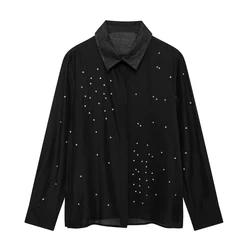 Tangada Women Oversized Black Beading Blouse Shirt Long Sleeve 2024 Chic Female Loose Top BE0346