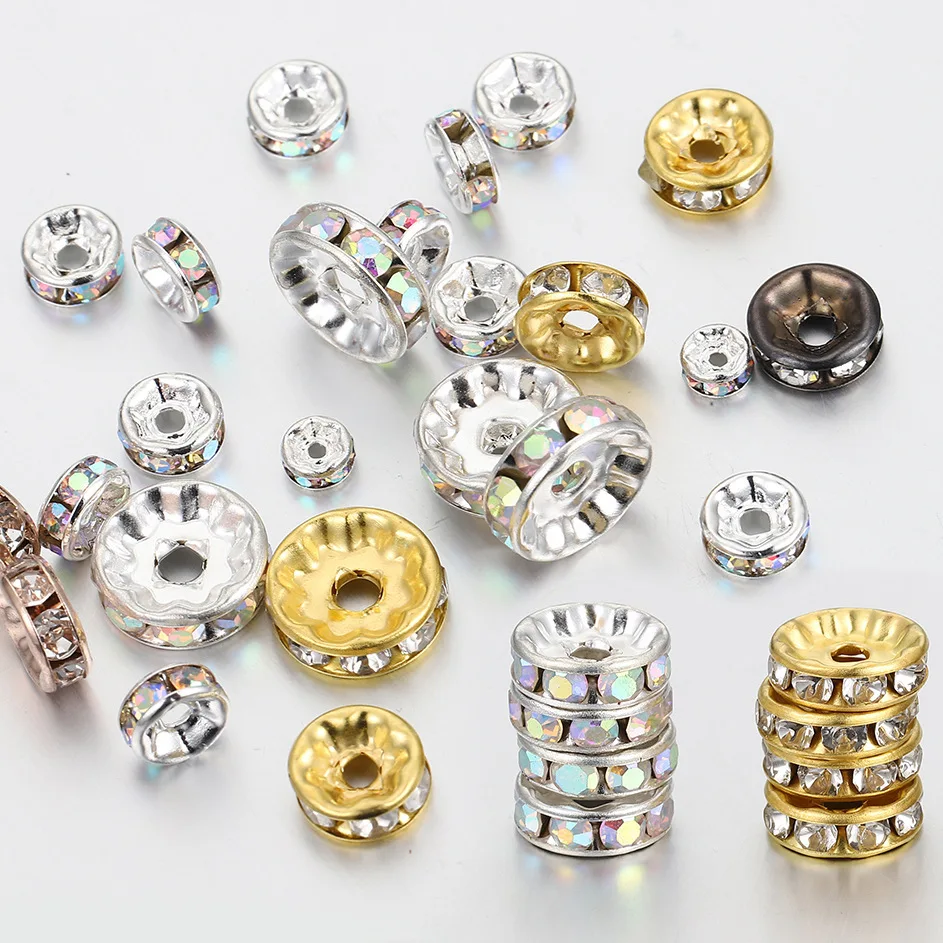 loose beads 4 6 8 10mm Metal Loose Rhinestone Spacer Beads Rondelles Crystal Bead For DIY Jewelry Making Supplies Accessories