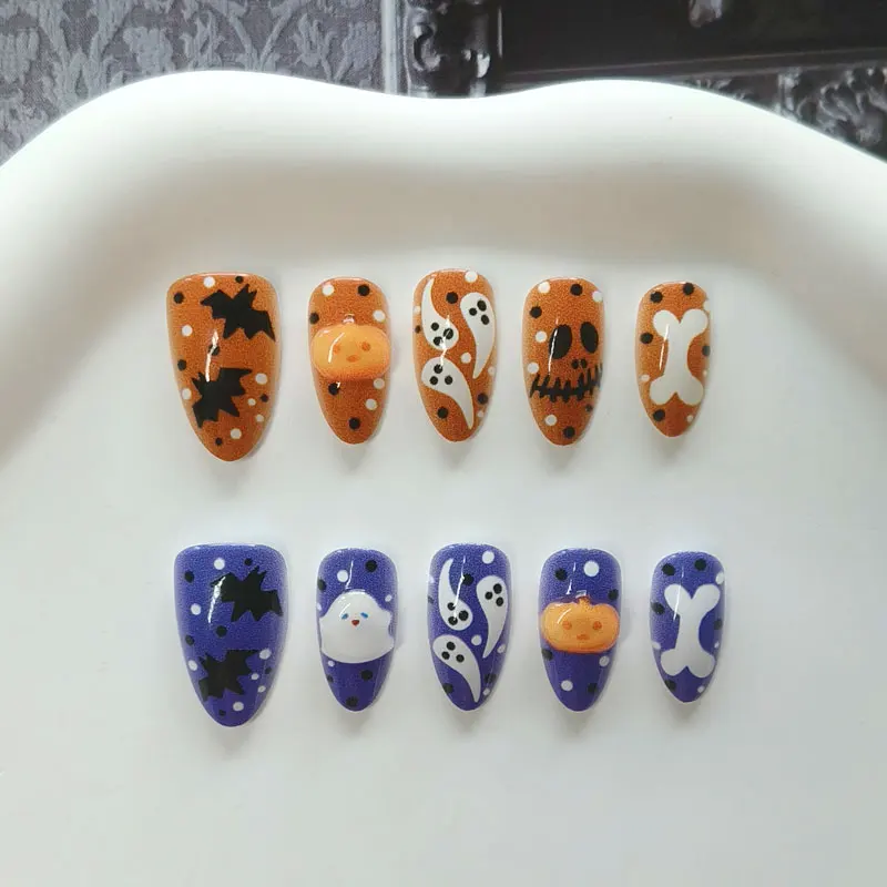 10Pcs Cartoon Pumpkin Cute Ghost Halloween Nail Stickers Gilded Manicure Decals Press on Nails Nail Art Fake Nail Reusable - view 5