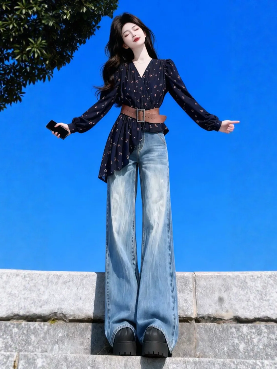 

Женская блузка с длинным рукавом, V-образным вырезом, цветочным принтом, подчеркивающая талию, уникальный дизайн, ретро-стиль, красивая, весенняя мода.