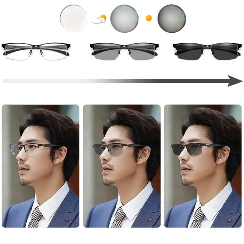 Half Frame Men Business Reading Glasses Photochromic Progressive Multifocal Far Sight Glasses Anti-blue Light Presbyopia Glasses