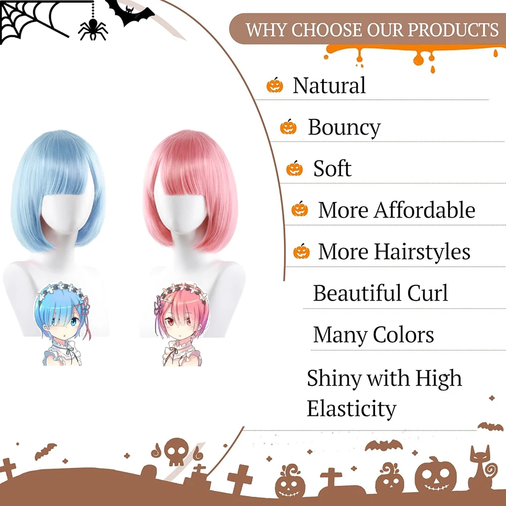 أنيمي رام ريم تأثيري الشعر الاصطناعية 12 بوصة شعر مستقيم قصير مع الانفجارات مرحلة الأداء شعر مستعار يومي مقاومة للحرارة الطبيعية