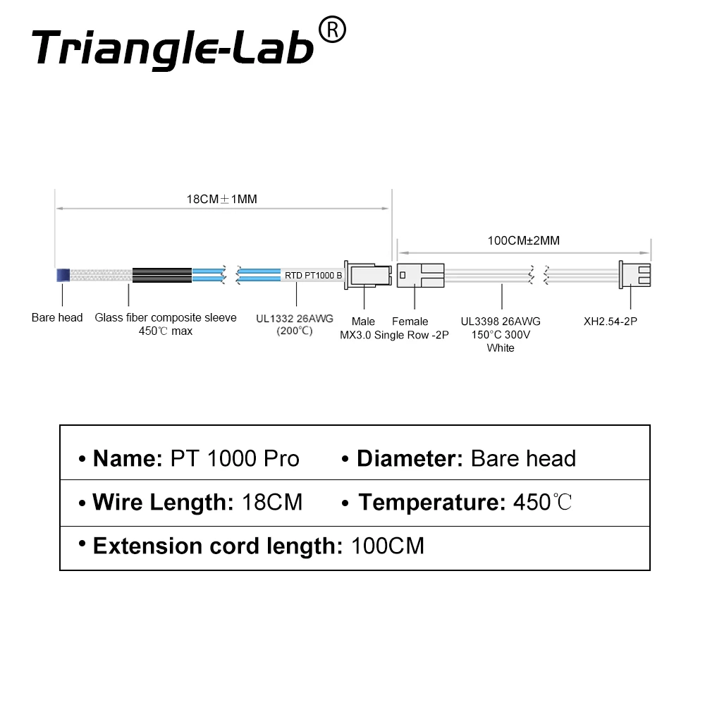 Trianglelab PT1000 Pro Bare Thermistor Cartridge high temperature 450Celsius for Rapido Hotend TCHC Kit CHC Pro TR6 TD6 HOTEND