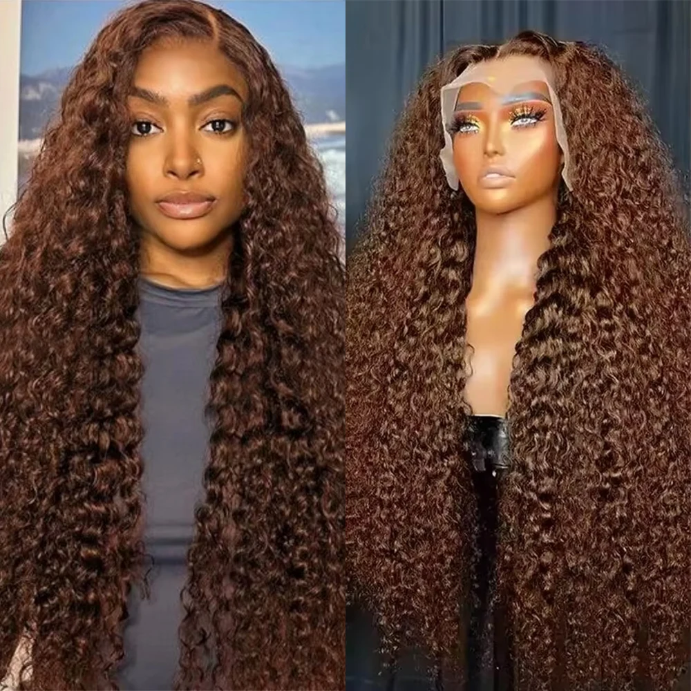 Chocolate Brown Deep Wave 13x6 Lace Front Wig Human Hair 200 Density Curly 4 Colored Transparent 13x4 Lace Frontal Wig For Women