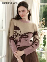 I BELIEVE YOU Contrasting Color Woven Flower O-Neck Sweater Autumn Winter Women's 2024 Fashion Soft Knitted Sweater 2244125753