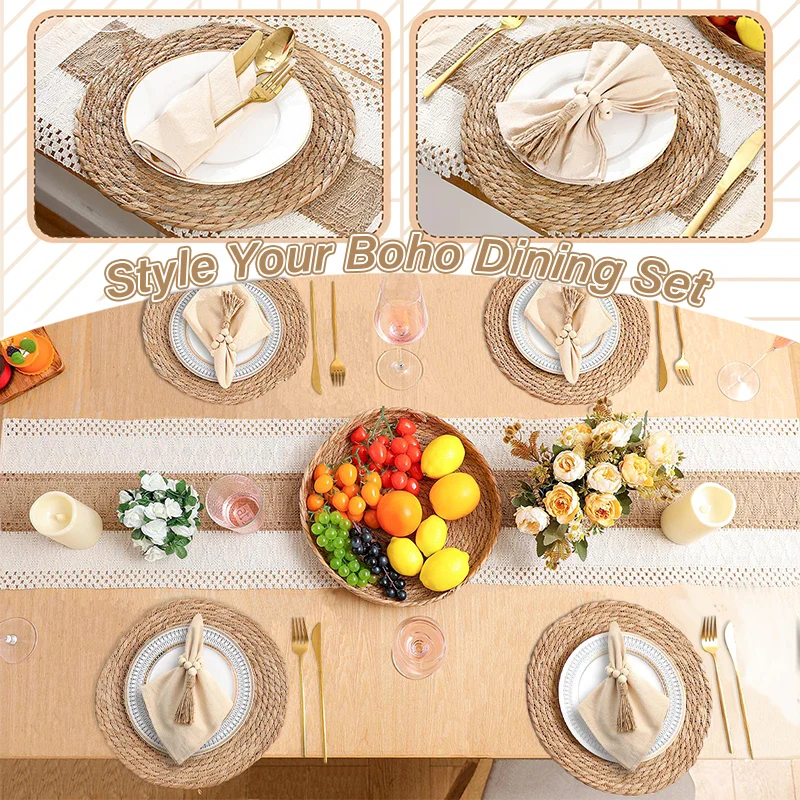 4/6/8 conjuntos boho decorações de mesa de jantar fazenda placemats rústico corredor guardanapos anéis para casa cozinha sala de jantar