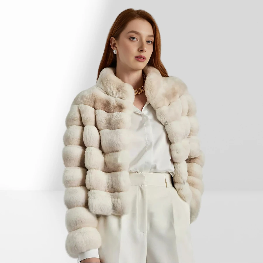 Abrigo de piel de conejo auténtica con cuello alto, abrigo de piel de Color Chinchilla para mujer, Chaqueta de piel corta de invierno, abrigo de piel Natural de alta calidad