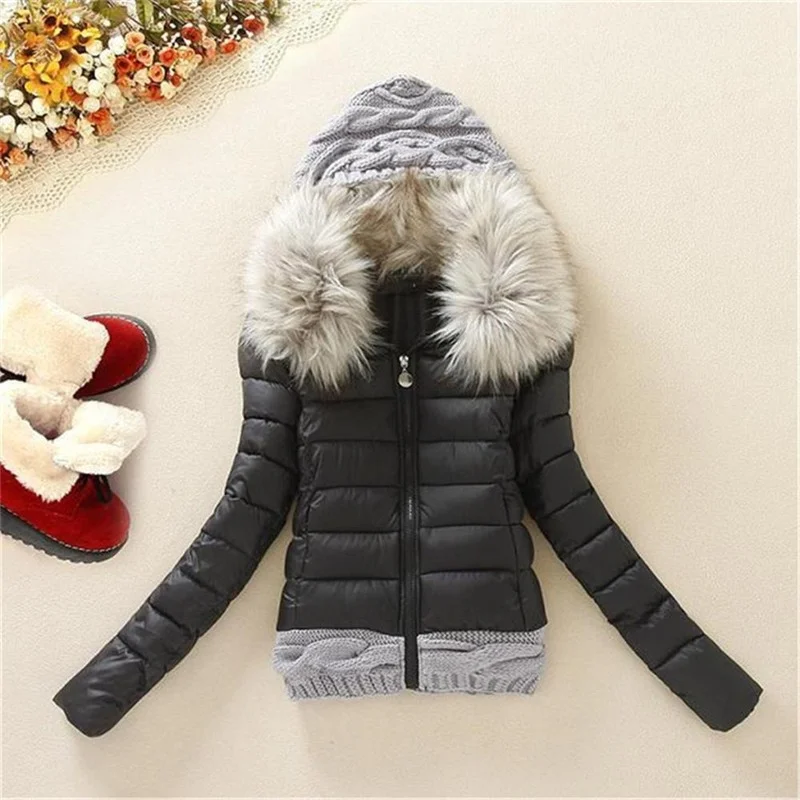 Women Winter Knitted Patchwork Hooded Long Sleeve Overcoat Alternative Thickening Down Jacket with Fur Collar Quality Jackets