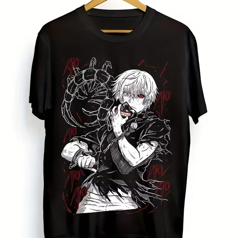 تي شيرت صيفي للرجال من Tokyo Ku Ken Kaneki Anime - نمط أسود وأحمر كاجوال على طراز الشارع، قميص Y2K لثقافة البوب اليابانية