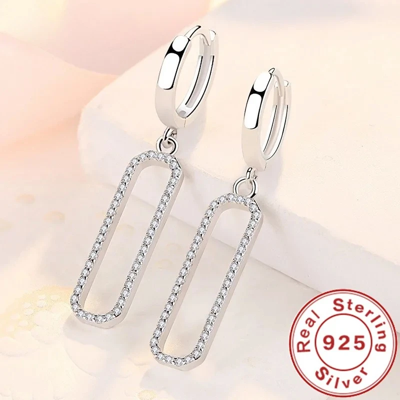

925 Sterling Silver Long Square Dangle Earrings For Women Fashion Wedding Jewelry Gift