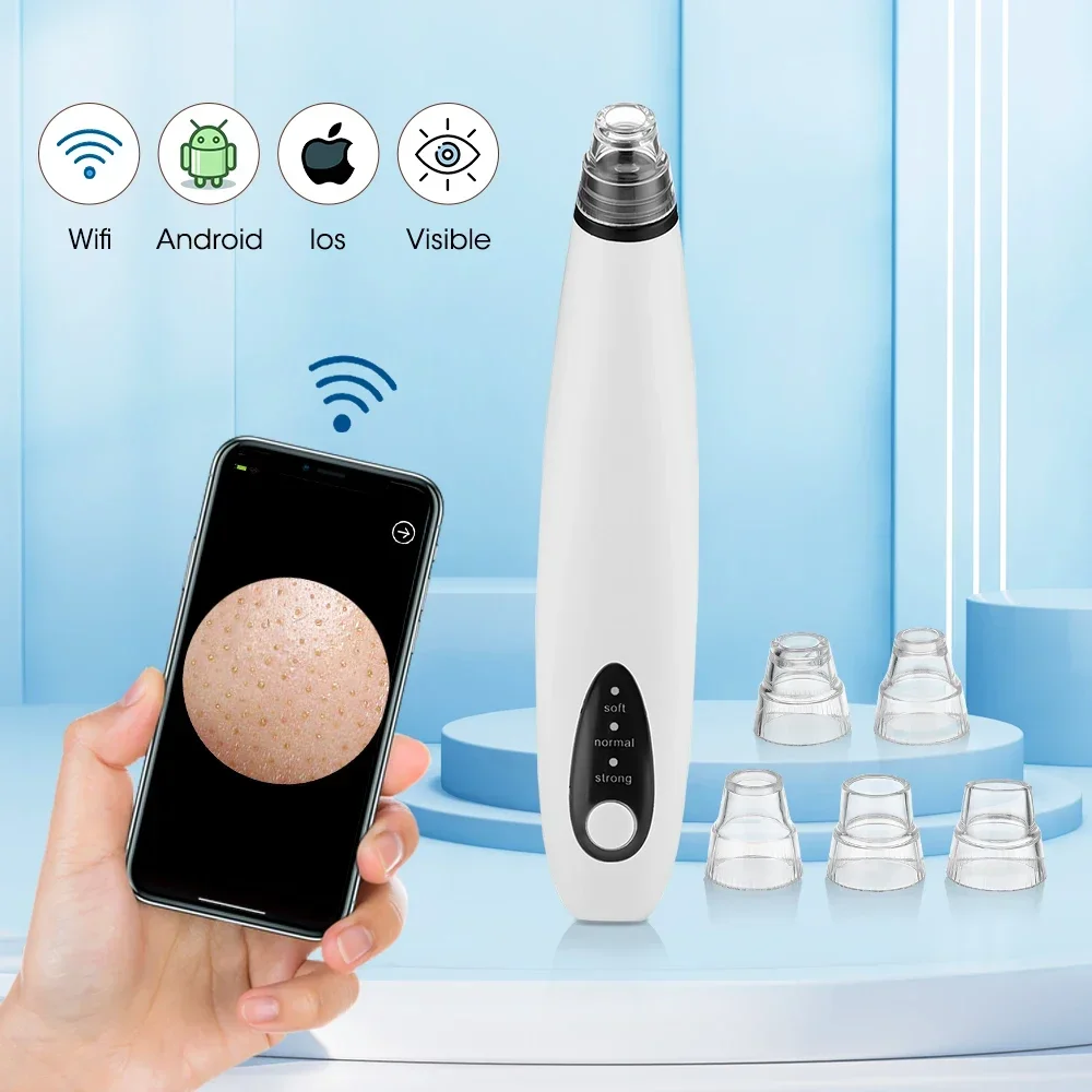 Face Blackhead Remover Vacuum Suction Pore Cleaner WiFi Camera Visual Face Deep Nose Cleasning Pimple Removal With 5 heads Tool