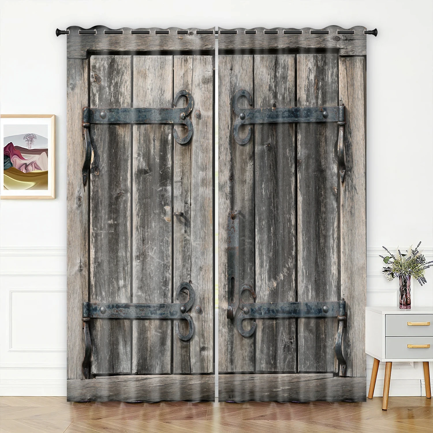 Retro Wooden Door Texture Vintage Barn Curtains for Bedroom Living Room Kitchen Window Curtain Modern Home Room Decor 2 Panels