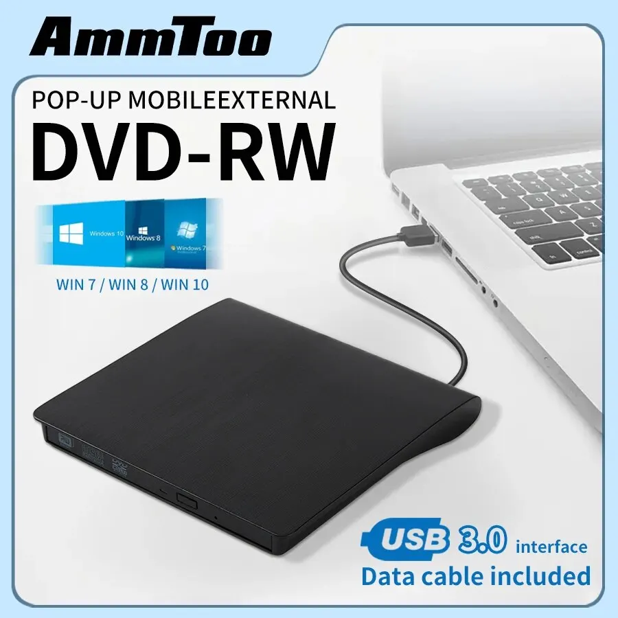 AMMTOO-Drive externo portátil de CD e DVD, USB 3.0, apto para DVD-R, DVD-RW Player, queimador para PC, Laptop, Computador, Windows 10, 8, 7