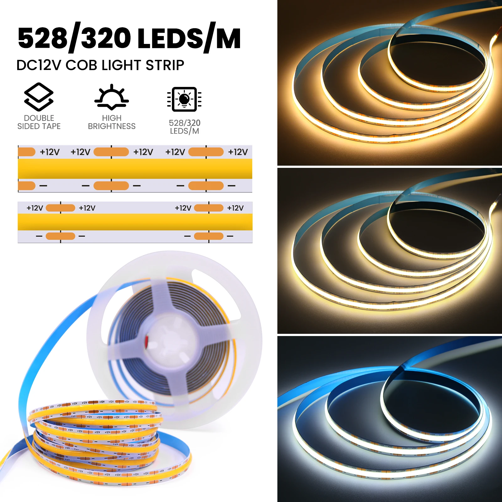 COB LED Strip Lights 320 480 528LEDs/m High Density Flexible Tape Ribbon 3000K 4000K 6500K White DC12V/24V RA90 Linear Dimmable