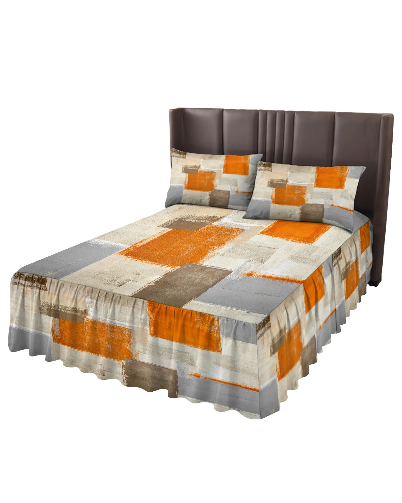 Oil Painting Abstract Geometric Orange Bed Skirt Elastic Fitted Bedspread With Pillowcases Mattress Cover Bedding Set Bed Sheet