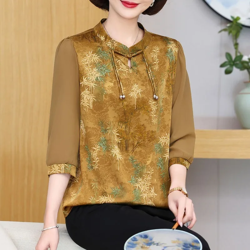 Women's Pullover Geometric Printing Plant&Flowers Gauze Lantern Long Sleeve Crew Neck Chiffon T-shirt Elegant Chinese Style Tops