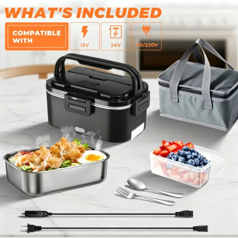 Boîte à lunch chauffante électrique 80W 3-en-1 12V/24V pour voiture et 110V/220V pour la maison, chauffe-plat portable, conteneur en acier inoxydable 2,5L avec boîte à fruits, ustensiles et sac de transport isotherme pour chauffeurs de camion, voyages et bureau