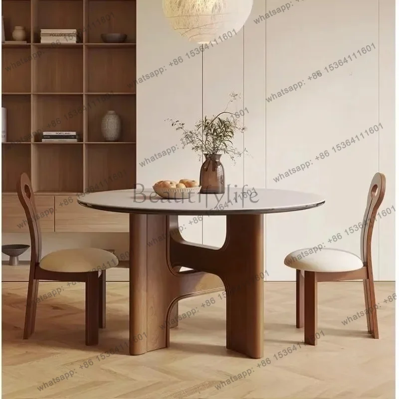 zj. French Travertine Rock Slab Round Table Solid Wood Dining Table Waterproof And Scratch-proof Round Dining Table