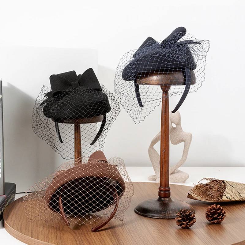 Women Winter Fascinator hat Round Pillbox Birdcage Veil Bow Wool  Headband Fascinator Weddings Ascot Races view 4