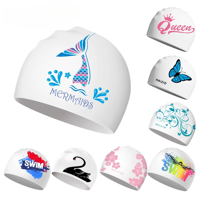 

Увеличенная шапочка для плавания для женщин, длинные волосы, удобная силиконовая водонепроницаемая шапочка с принтом для защиты ушей, аксессуары для бассейна