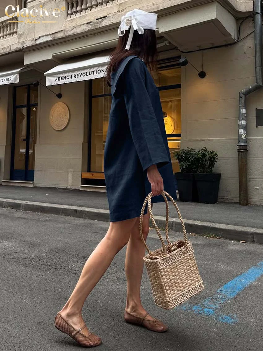 Clacive Fashion Loose Dark Blue Cotton Women Dress 2025 Casual Lapel Long Sleeve Mini Dresses Elegant Classic Solid Female Dress