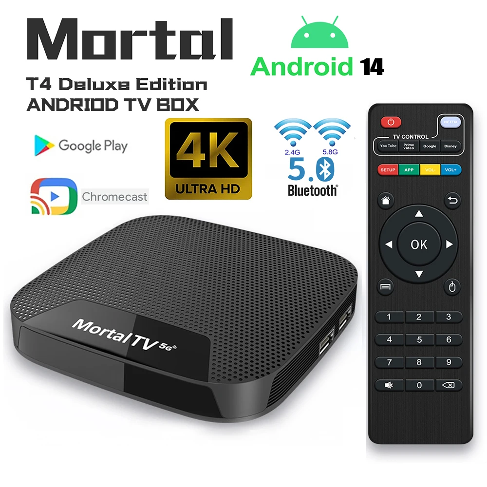 MORTAL T4 Smart TV Box Streaming Media player Global Version Android14 Dual 2.4G5GWifi 4K HDR10 Quad Core Bluetooth  Youtube