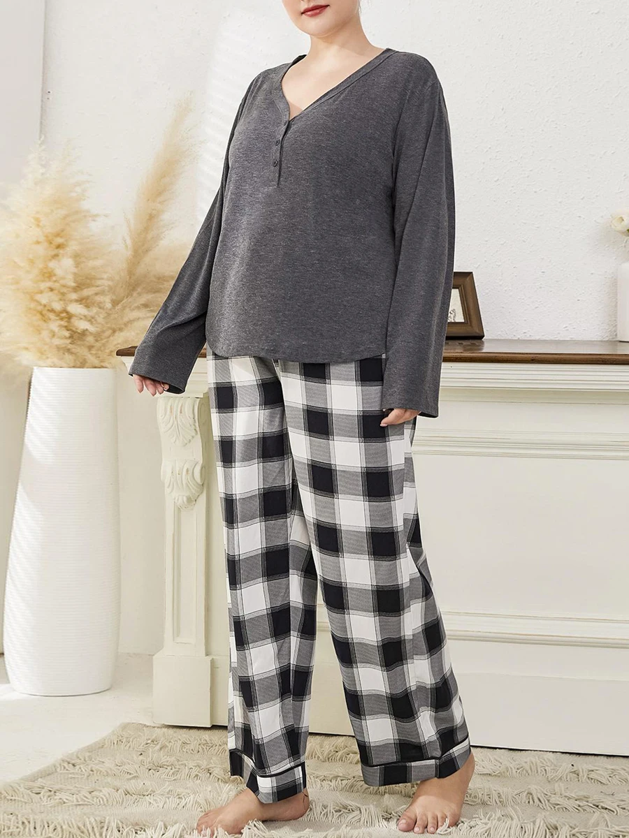 Women s Plus Size Loungewear Set Cozy Solid Color Long Sleeve V-Neck Top with Matching Plaid Pants for Stylish Sleepwear