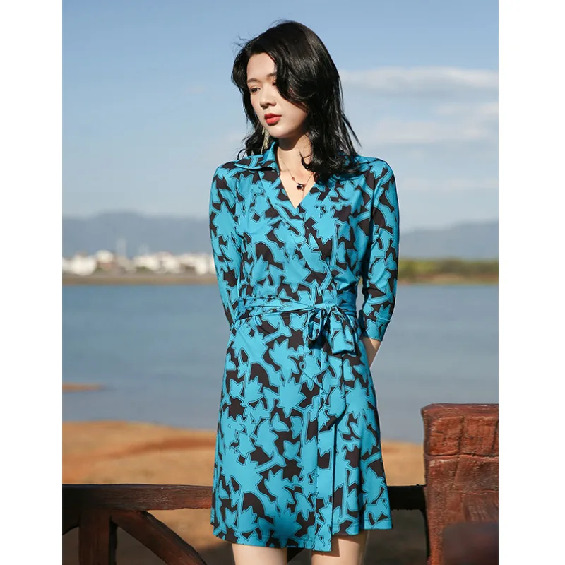 European Clothing New Temperament High Waist Gray Blue Printed Collar MidiLace up Dress Women
