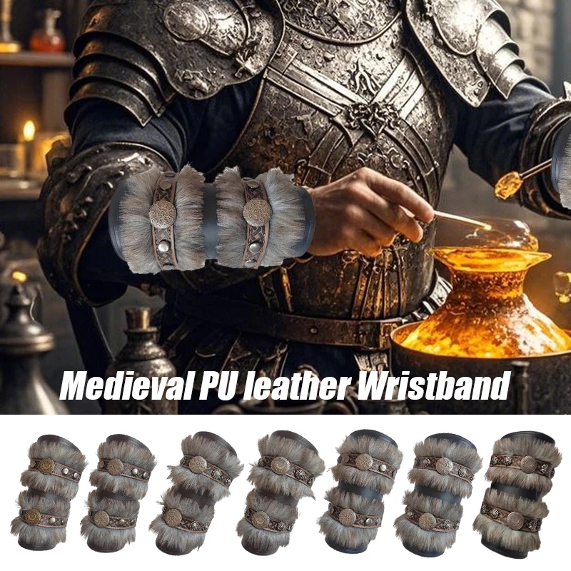 Bracelet de chevalier Viking médiéval, 2 pièces, en velours, fausse fourrure, en cuir PU, gantelet de Pirate, protège-poignets, Costume de Cosplay gothique