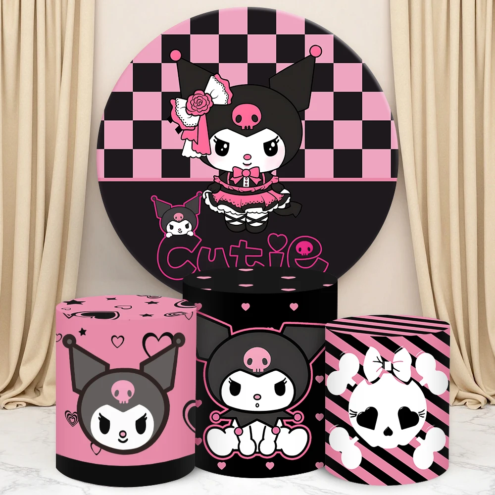 

TB Sanrio Kuromi Round Cylinder Backdrop Cover for Girls Birthday Party Cylindrical Cake Table Cover Party Photograph Decoration