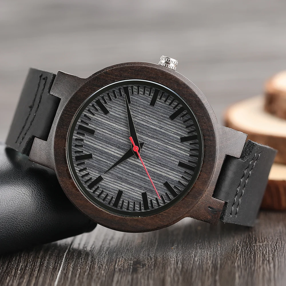 Vintage Ebony Wood Genuine Leather Watch for Men Women Stylish Casual Styles Red Seconds Simple Dial Wooden Wristwatches