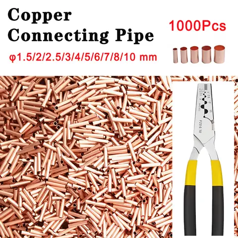 Connecteur de Joint de fil de tuyau de raccordement en cuivre GT, 1000 pièces, φ1.5/2/2.5/3/4/5/6/7/8/10mm, Terminal de sertissage à froid, cuivre rouge et pinces