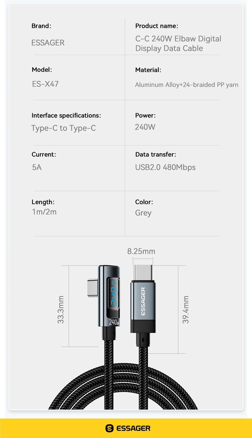Essager 240W Typ-C-zu-Typ-C-Kabel 90-Grad-Winkel 5A Schnellladekabel Typ-C Digitalanzeigekabel für iPhone MacBook Pro Xiaomi – Detail 12