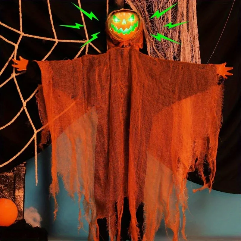 

1/2PCS Halloween Pumpkin Hanging Decoration Green Light Turn Head Sound Props for Yard Party Haunted House Outdoor Scene Setup