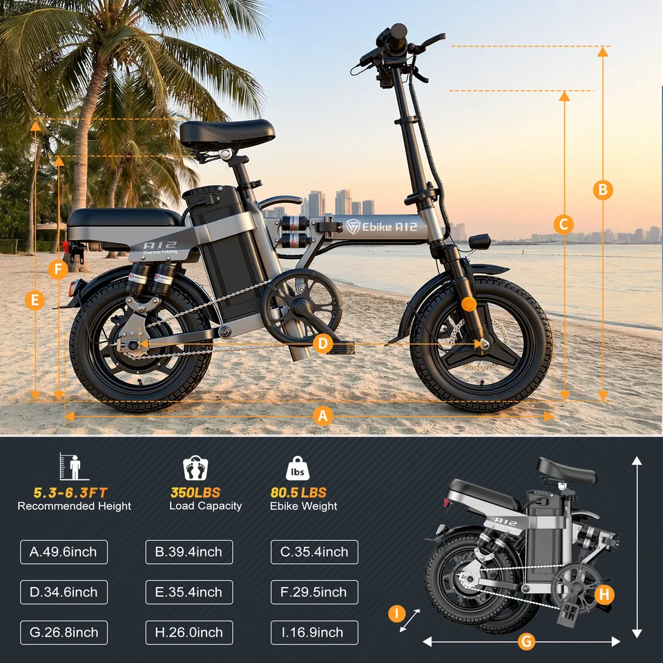 DTTZH A12 Folding Electric Bike for Adults, 14" Commuter E-Bike, 1000W Peak Motor, 48V 15Ah Removable Battery, 60 Miles Range, Remote Start, UL 2849 Certified image 10