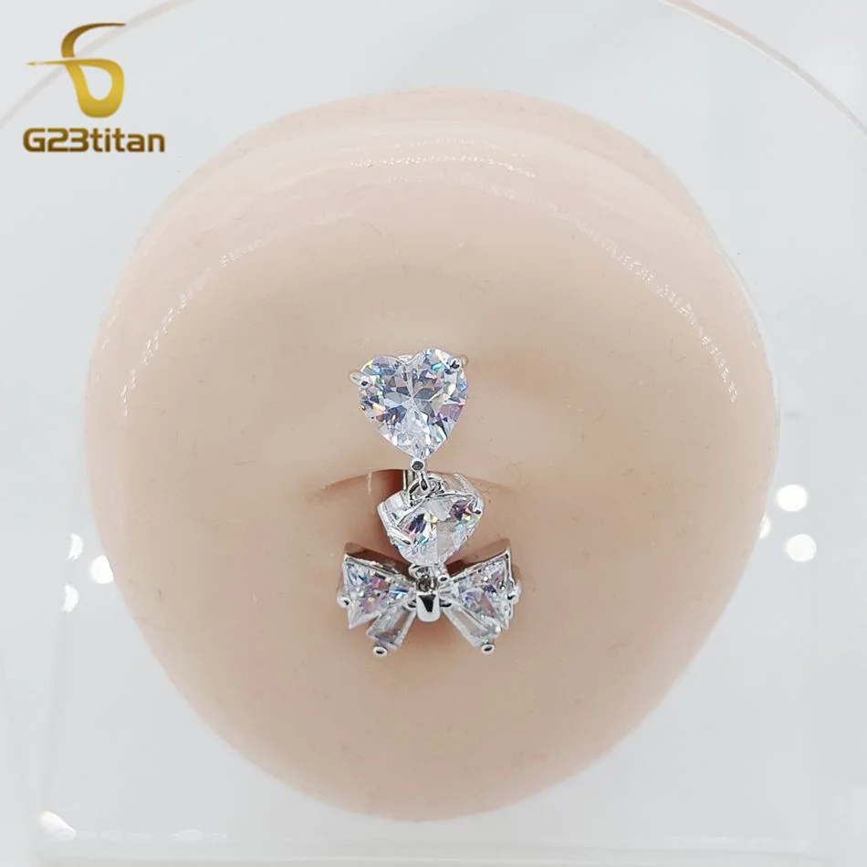 G23Titan Silver Color Long Dangle Heart Bowknot Belly Button Rings Zircon 14G Surgical Piercing Hypoallergic Women Body Jewelry