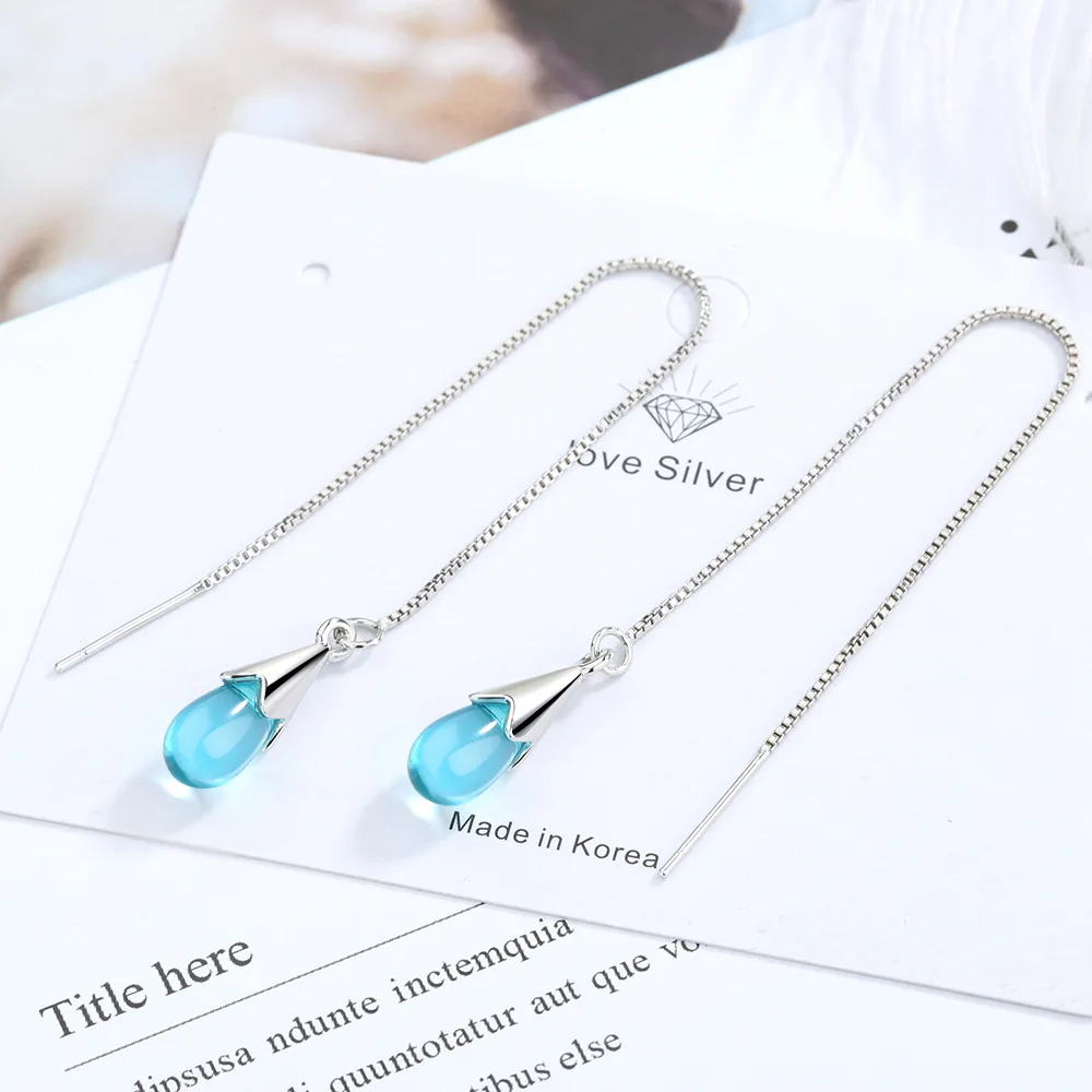 Fashion Blue Teardrop Crystal Drop Earrings For Women Silver Color Long Tassel Threader Chain Korean Aesthetic Jewelry