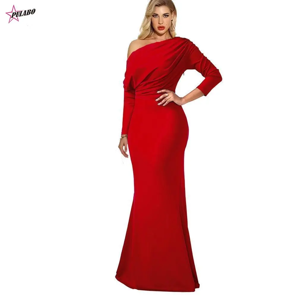 

PULABO Women Shoulder Slim Folds Long Dress Elegant Evening Party Floor Length Dresses Vestido de festa Female