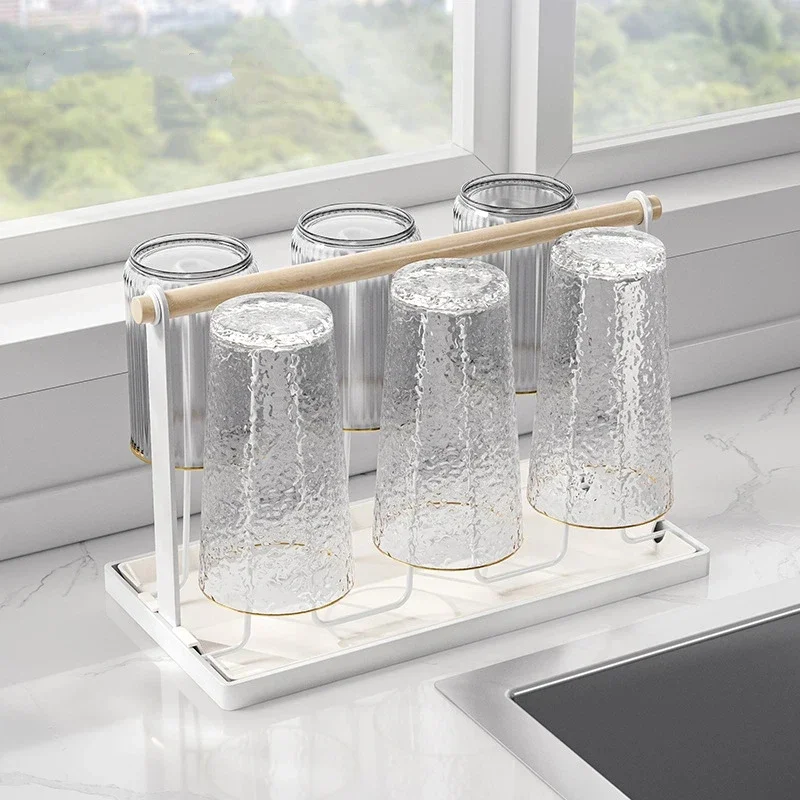 Stylish Iron Inverted Cup Drying Rack with Drain Tray 6-Cup Space-Saving Countertop Mug Organizer for Kitchen Office Restaurant