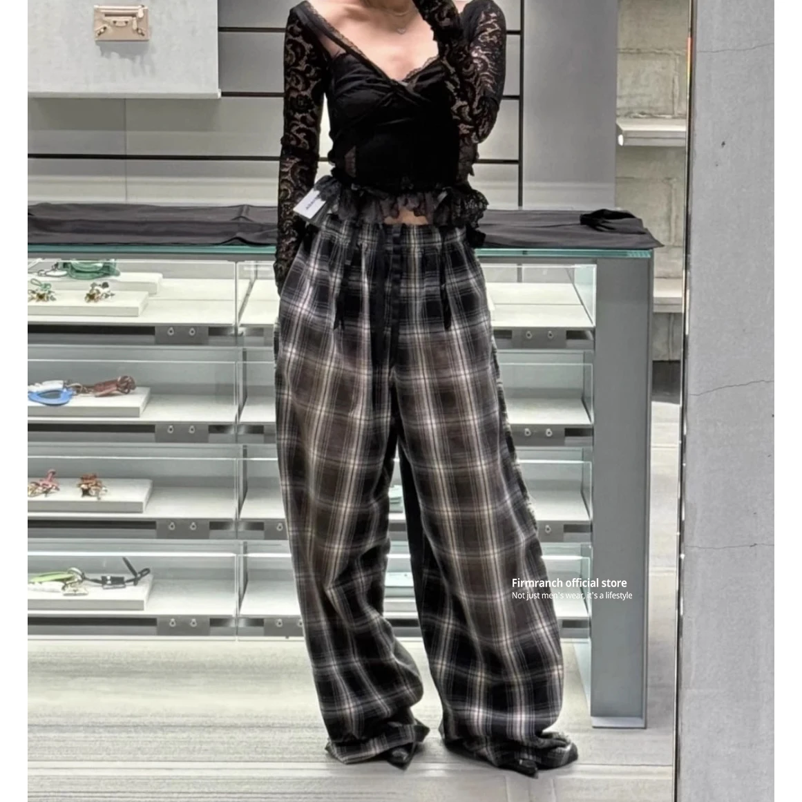 Firmranch Parisian Style New Plaid Front And Back Spliced Sweatpants For Men Women Casual Wide-leg Pants Baggy Sporty Trousers