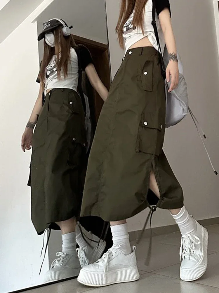 

American Retro Streetwear Cargo Skirt Women Fashion Slit Hip Hop Midi Skirts Summer High Waist Drawstring Pockets Skirt New