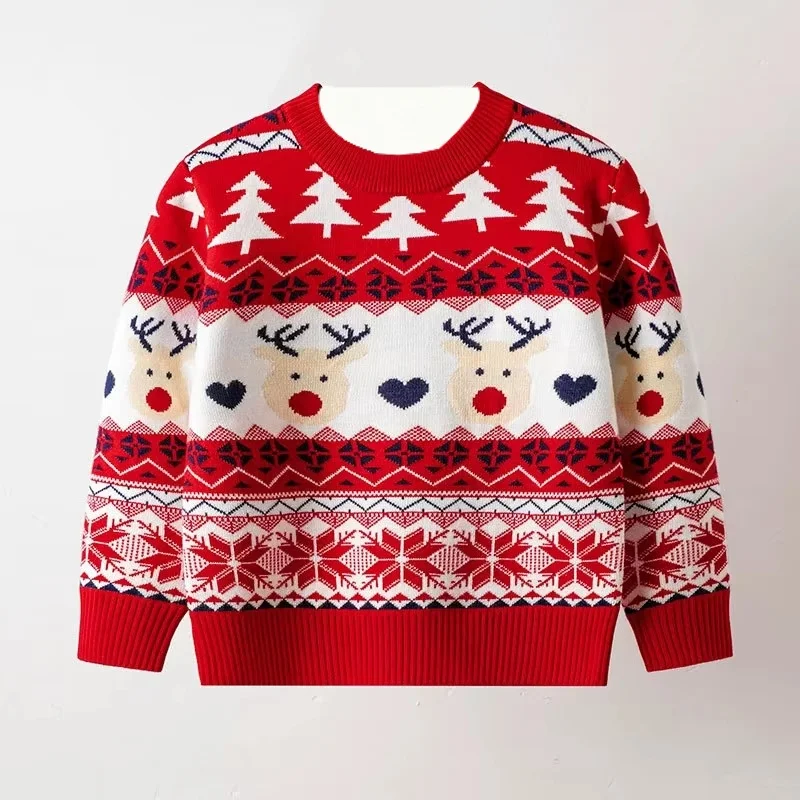 Maglione pullover girocollo lavorato a maglia caldo natalizio jacquard alce cartone animato casual per bambini Maglioni natalizi autunno inverno per neonate