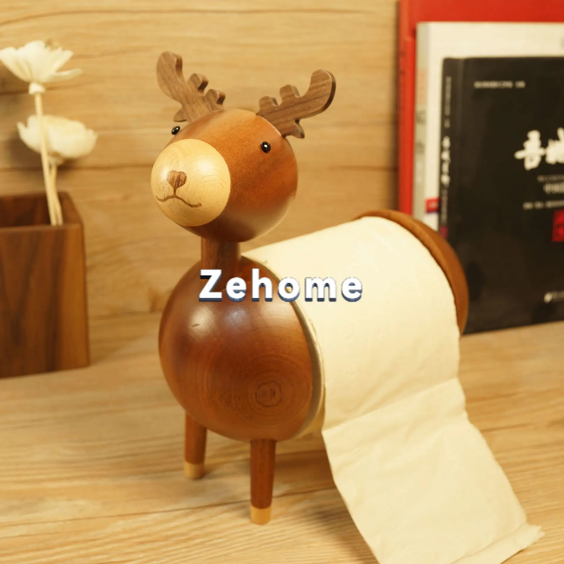 Nordic style solid wood wood deer tissue holder creative household goods roll paper holder desktop living room kitchen storage