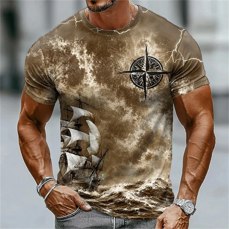 Retro Ocean Navigation Ship 3D Print Mens T‑Shirt O‑Neck Short Sleeve Breathable Casual Streetwear Summer Tops Male Daily Outfit