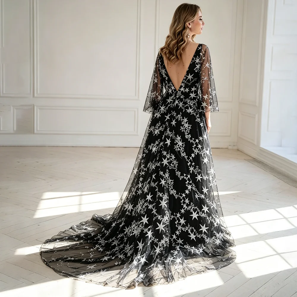 Plus Size Black Starry Bridal Gown A Line Customized Real Photos Open Back Long Batwing Sleeves Celestial Tulle Wedding Dress
