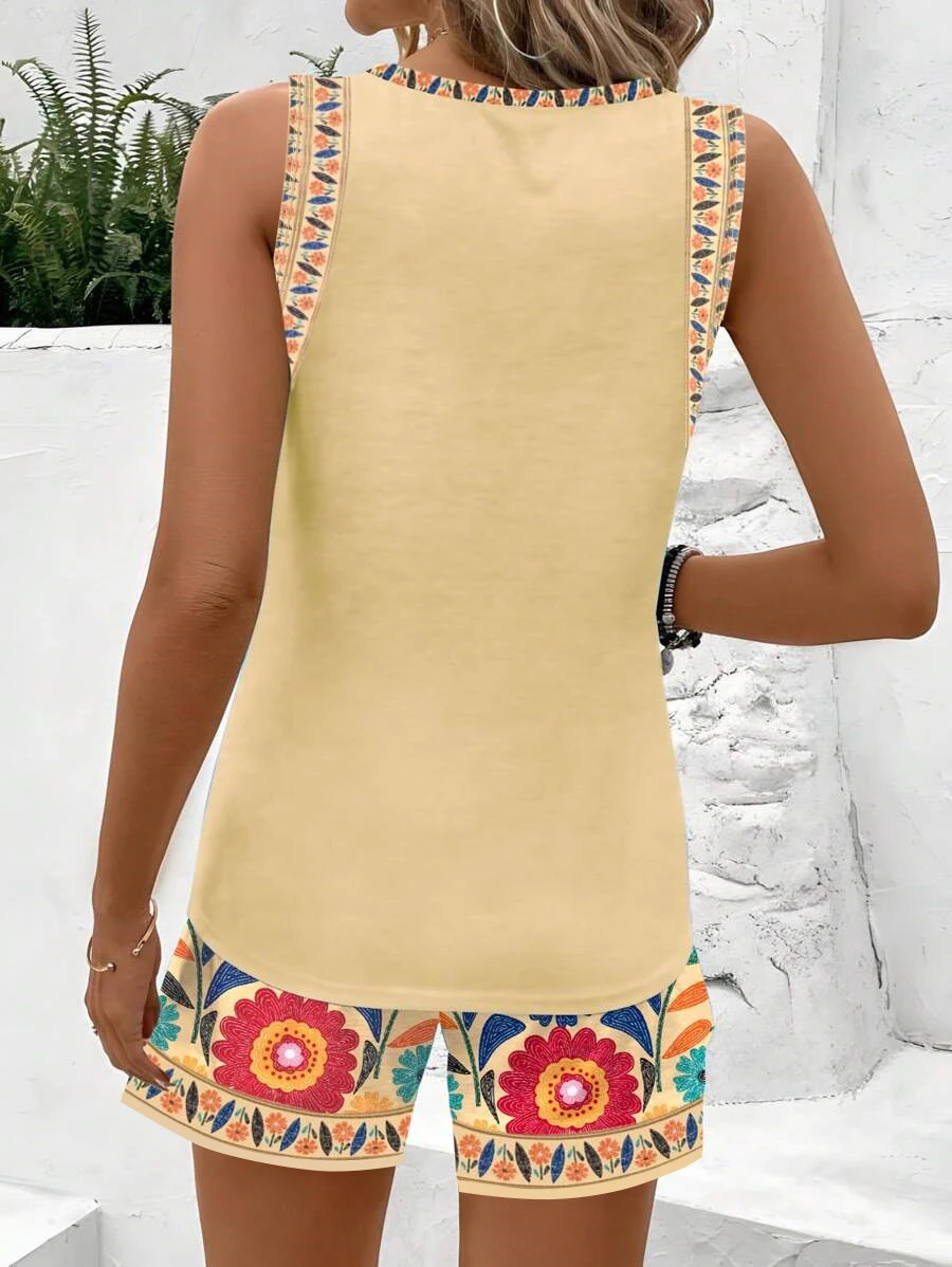 Women's Spring and Summer Floral Print Sleeveless Vest + Floral Print Set, Suitable for Daily Wear and Commuting