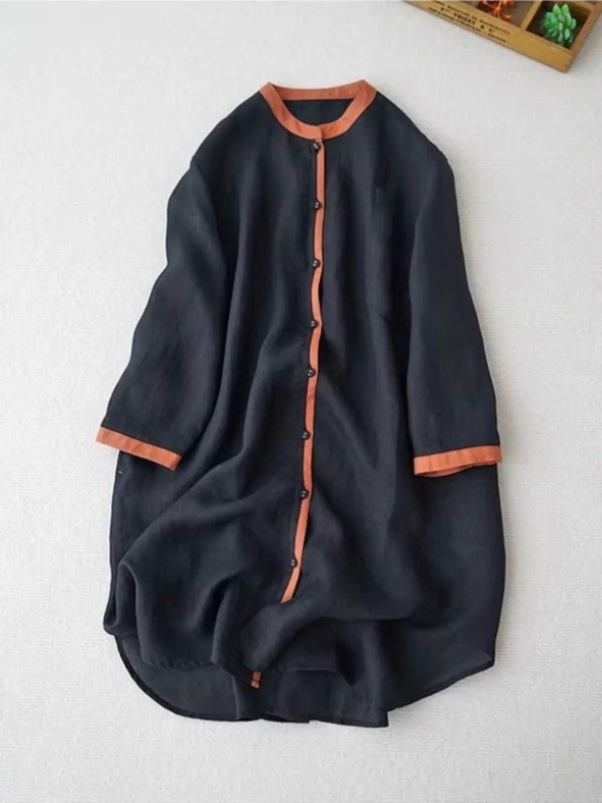 Retro Kontrastfarbe Leinen Seven Sve irt Jaet Damen Frühfrühling Lose Lässige Mittellange Baumwollleinen Sonnenschutz Top