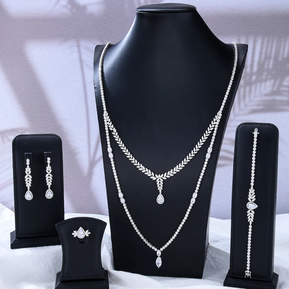 

Jimbora Brand Long Big Necklace Earrings Bracelet Rings Jewelry Sets 4PCS For Women Indian Nigerian Wedding Jewelery Set Gift