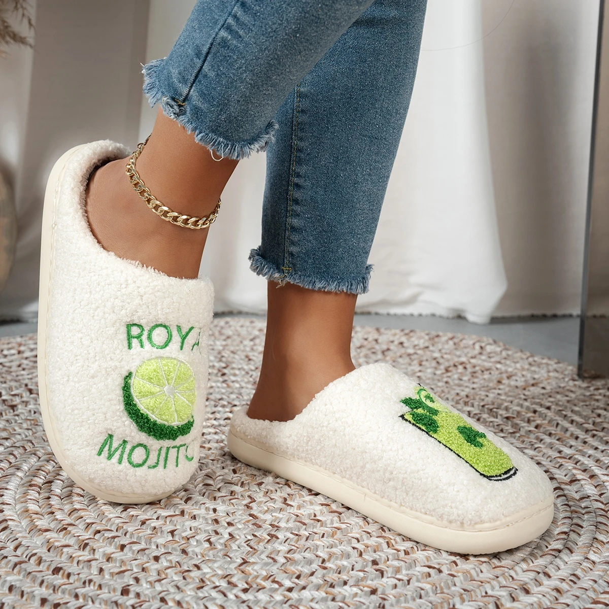 Bedroom Leisure Women's Slippers Royal Mojito Pattern Comfy Warm Bachelorette Party Fuzzy Home Shoes Mom Daughter Winter Gift image 3